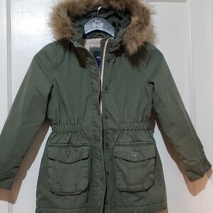 Kids Green Parka with Faux Fur Hood